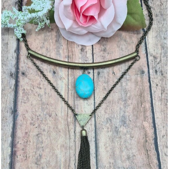 Dark Brushed Gold Tone Statement Collar Necklace Drop Faux Turquoise Western - Picture 2 of 8